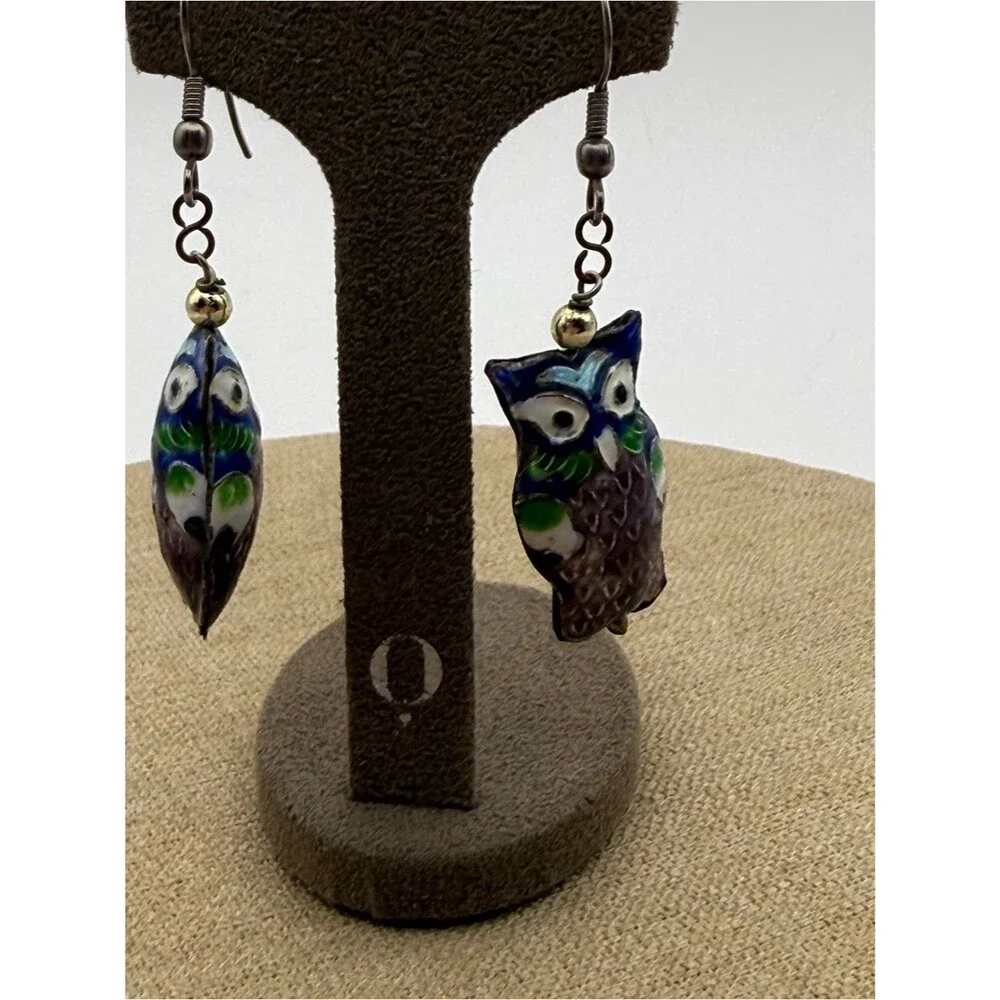 Handcrafted Blue & Green Owl Cloisonné Drop Earrings